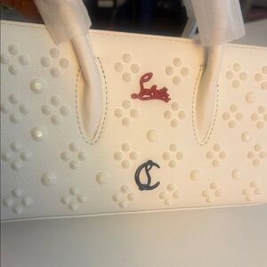 CL White Embossed Leather Tote with Red Signature Accent